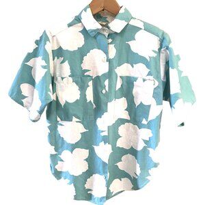California Cargo Button-Down Blouse: Vintage 70s Aqua Print Shirt, Size Small